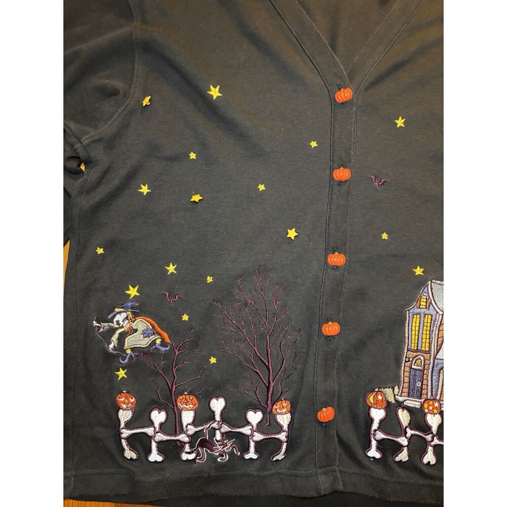 Vintage Karen Scott Halloween Embroidered Cardigan Sweater Skeleton Ghost L - Picture 4 of 9